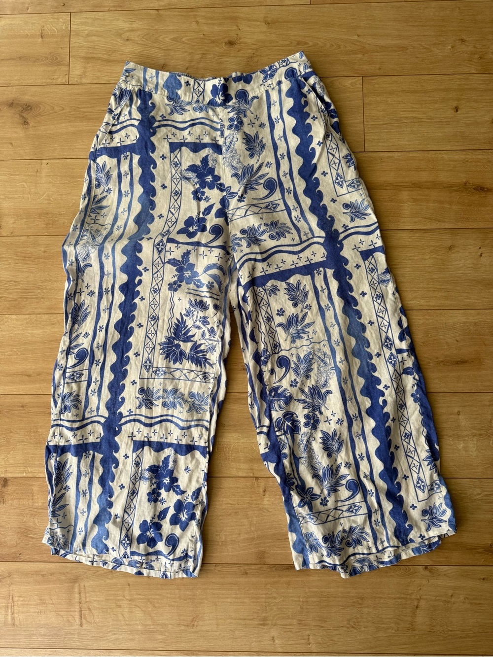 Joie 100% Linen Blue White Floral Wide Leg Pants Pull On Resort Beach Size L